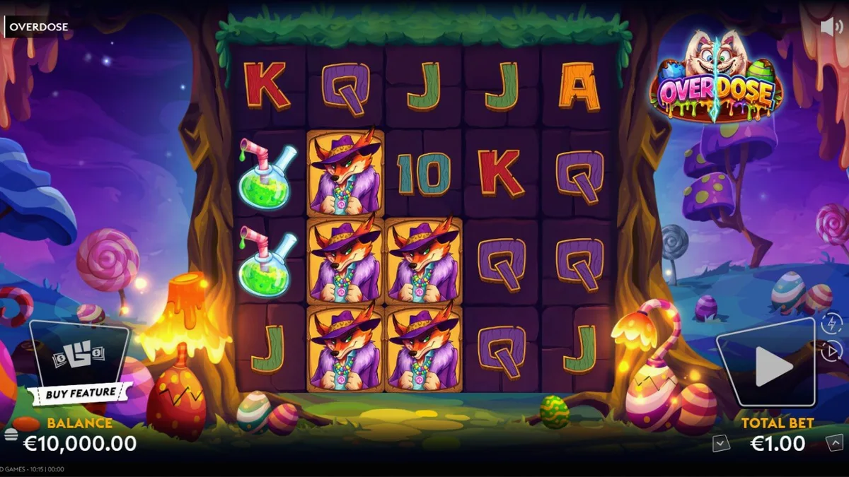 Tampilan visual slot Overdose dengan tema Paskah yang gelap dan simbol permen yang kontras
