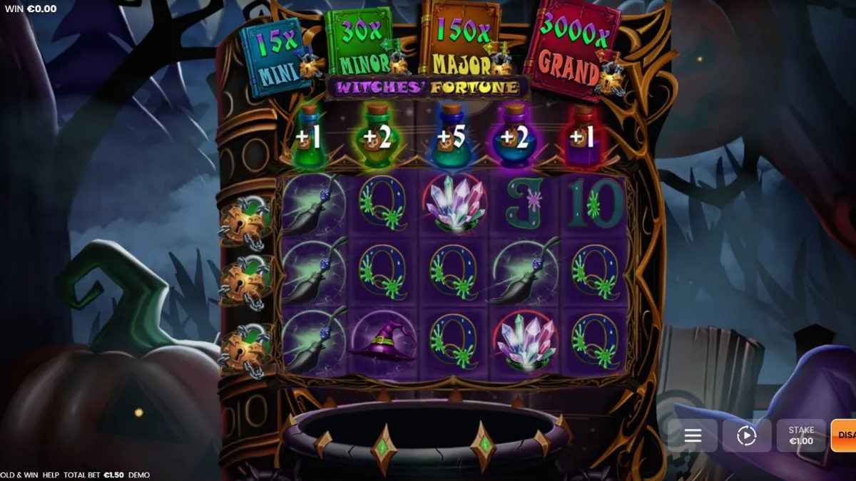 Tampilan visual slot Witches Fortune Hold and Win dengan tema sihir dan kuali