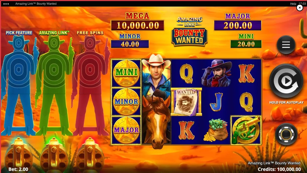 Pemandangan gurun dan simbol koboi dalam slot Amazing Link Bounty Wanted