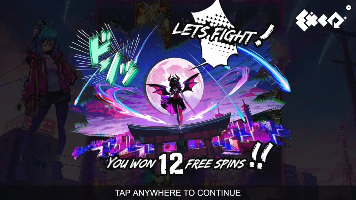 Tampilan visual neon dan karakter anime dalam slot Luna X