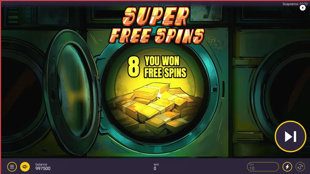Tampilan visual slot The Soapranos dengan tema mafia dan laundromat