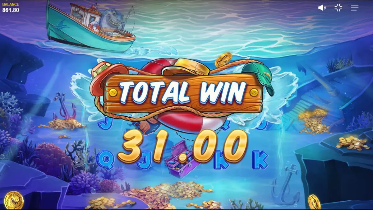 Tampilan layar permainan slot Shark Boss dengan hiu di atas perahu